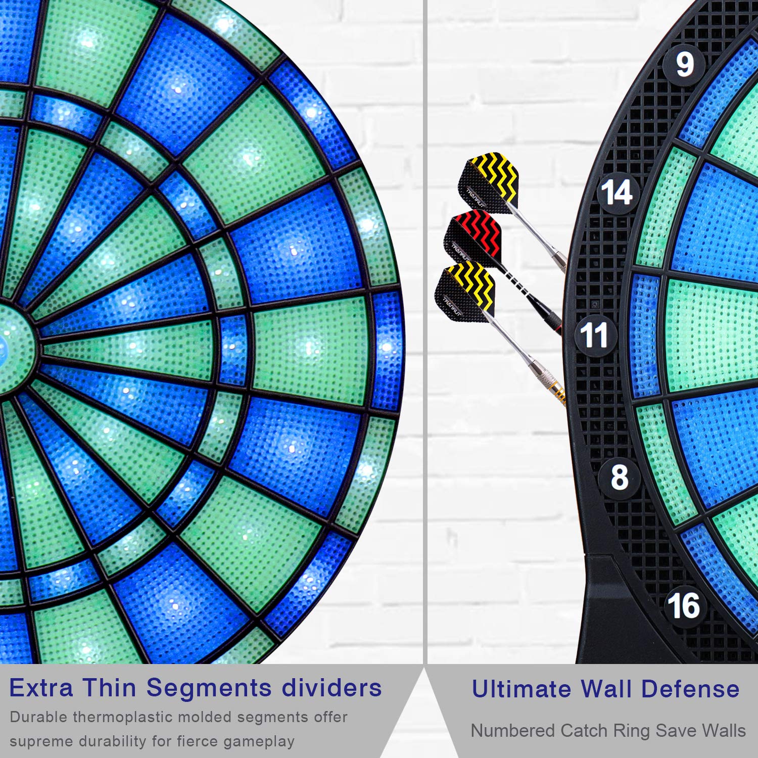 Turnart Electronic Dart Board,13 inch Illuminated Segments Light Based Games Electric Dartboard for Adults Tested Tough Segment for Enhanced Durability Professional with Scoring (Blue)