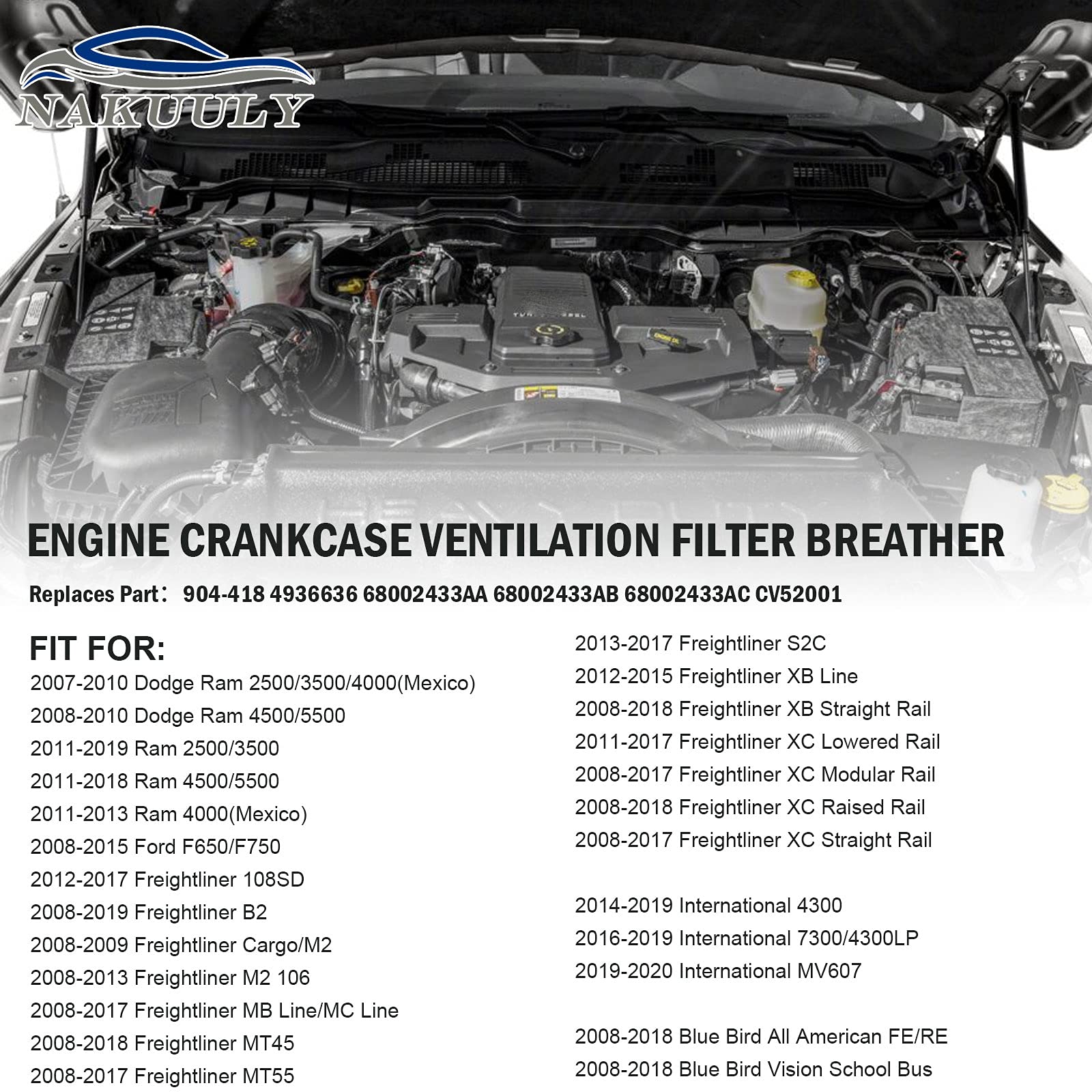 Nakuuly CV52001 Crankcase Ventilation Filter Breather Element Compatible with Dodge Ram 2500 3500 4500 5500 6.7L ISB Diesel 2008-2021, Ford F650/ 750 Replaces # 904-418 68002433AC 4936636