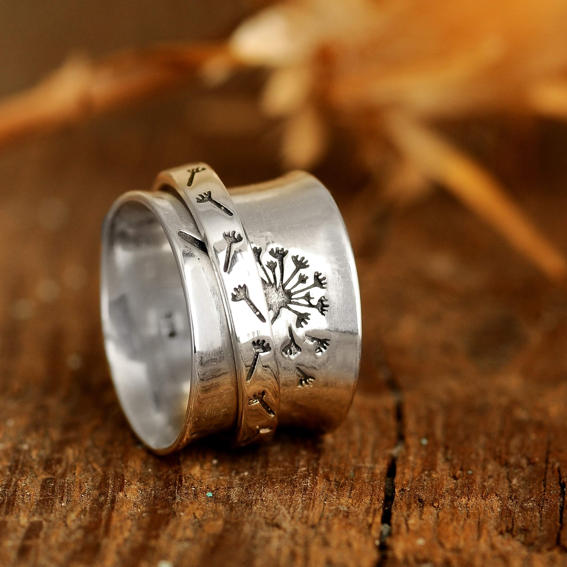 Boho-Magic 925 Sterling Silver Spinner Ring for Women Dandelion Flower Fidget Anxiety Relief Wide Band