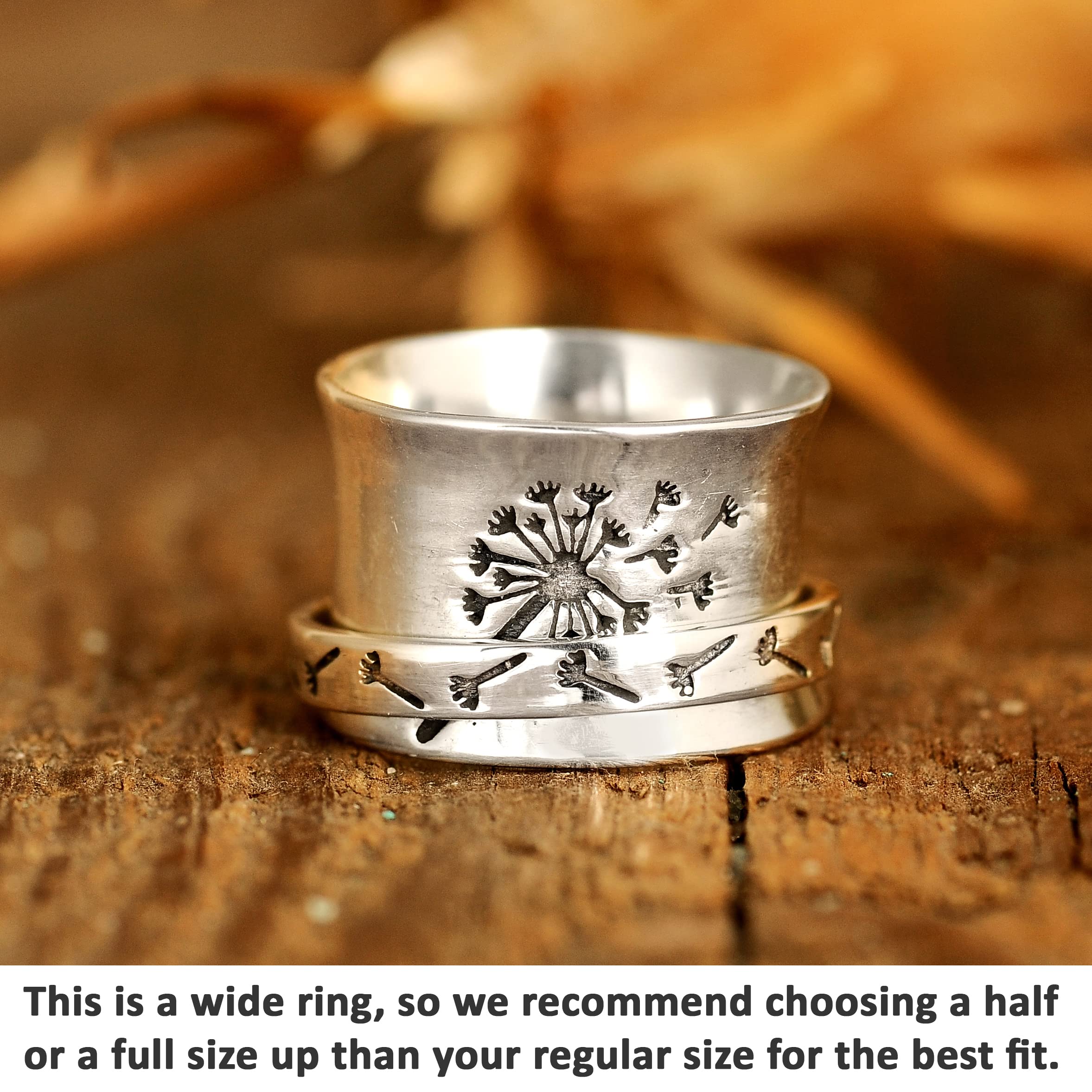 Boho-Magic 925 Sterling Silver Spinner Ring for Women Dandelion Flower Fidget Anxiety Relief Wide Band