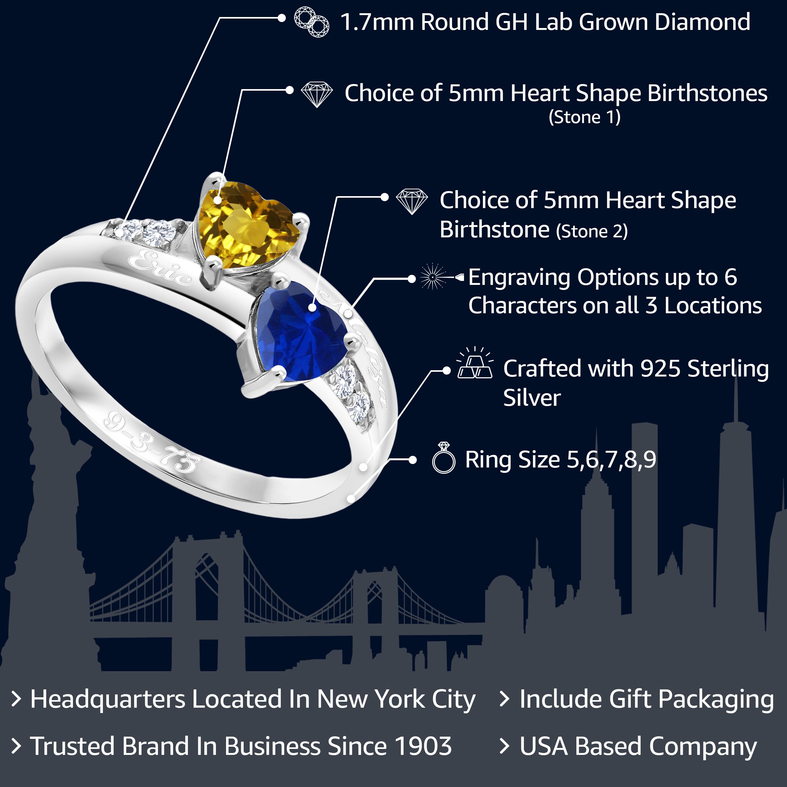 Gem Stone King 925 Sterling Silver Customized and Personalized 2-Stone Heart Shape Gemstone Birthstone and Lab Grown Diamond Custom Lazer Engraving Ring For Women (Size 7)