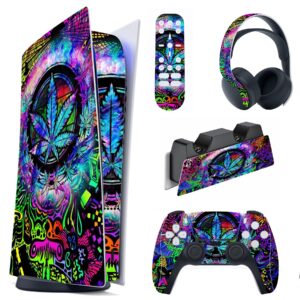 PlayVital Psychedelic Leaf Full Set Skin Decal for ps5 Console Digital Edition, Sticker Vinyl Decal Cover for ps5 Controller & Charging Station & Headset & Media Remote