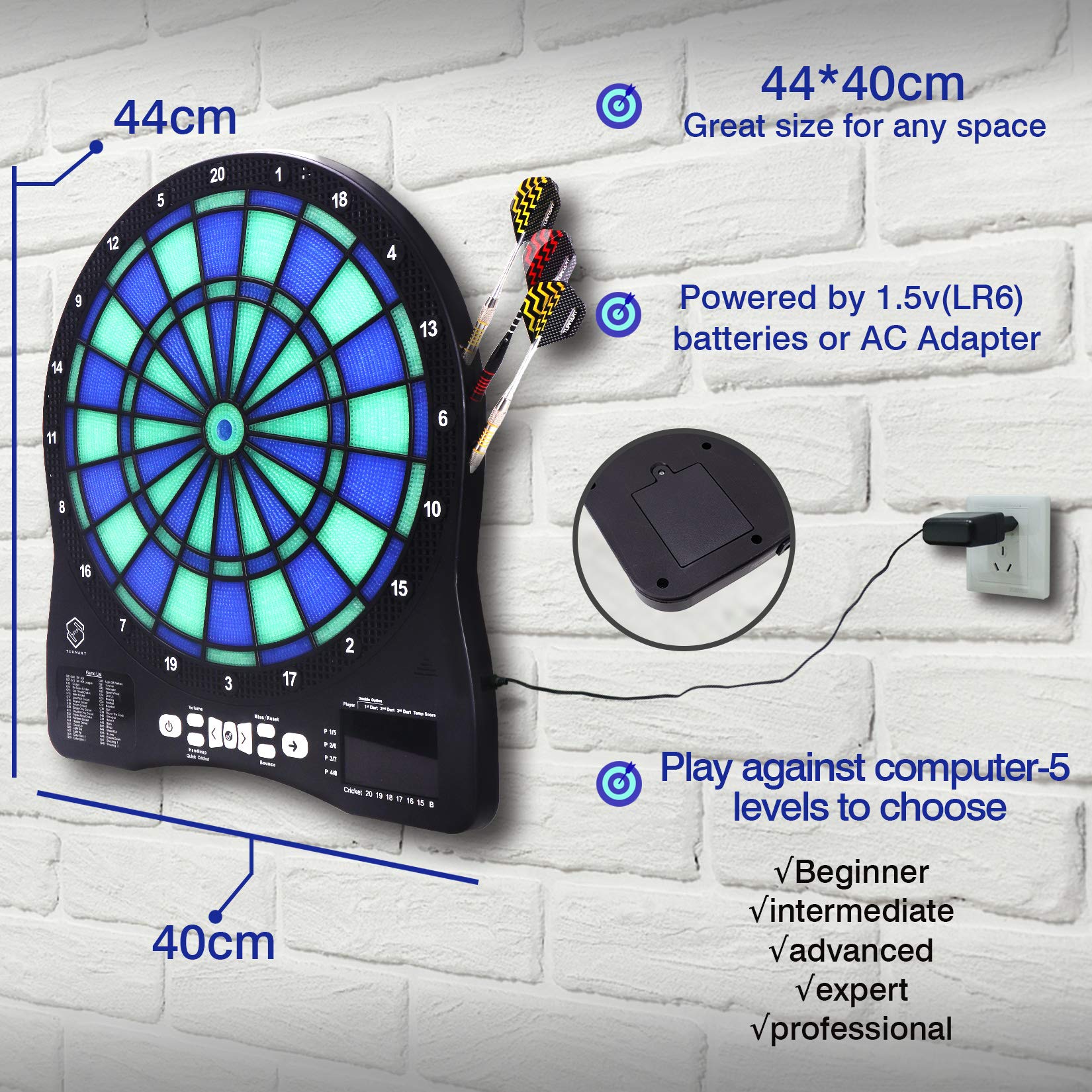 Turnart Electronic Dart Board,13 inch Illuminated Segments Light Based Games Electric Dartboard for Adults Tested Tough Segment for Enhanced Durability Professional with Scoring (Blue)