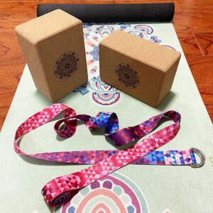 Aozora Cork Yoga Block Sustainable & Eco Friendly 2 Pack and Yoga Strap Set Made of The Finest Natural Cork for Better Support, Balance & Comfort (Mandala, 9 * 6 * 3（2pack))