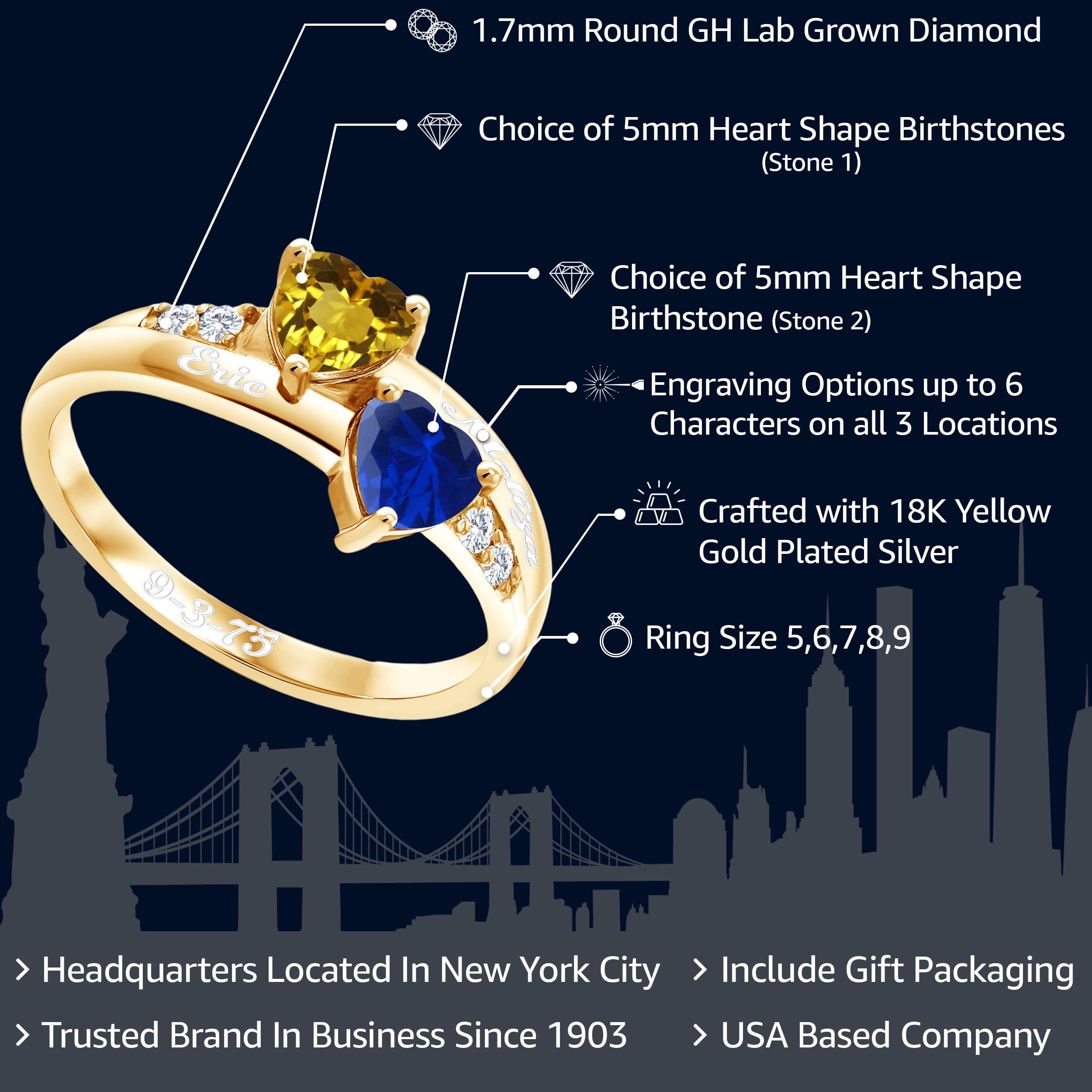 Gem Stone King 18K Yellow Gold Plated Silver Customized and Personalized 2-Stone Heart Shape Gemstone Birthstone with Custom Lazer Engraving and Lab Grown Diamond Ring For Women (Size 8)