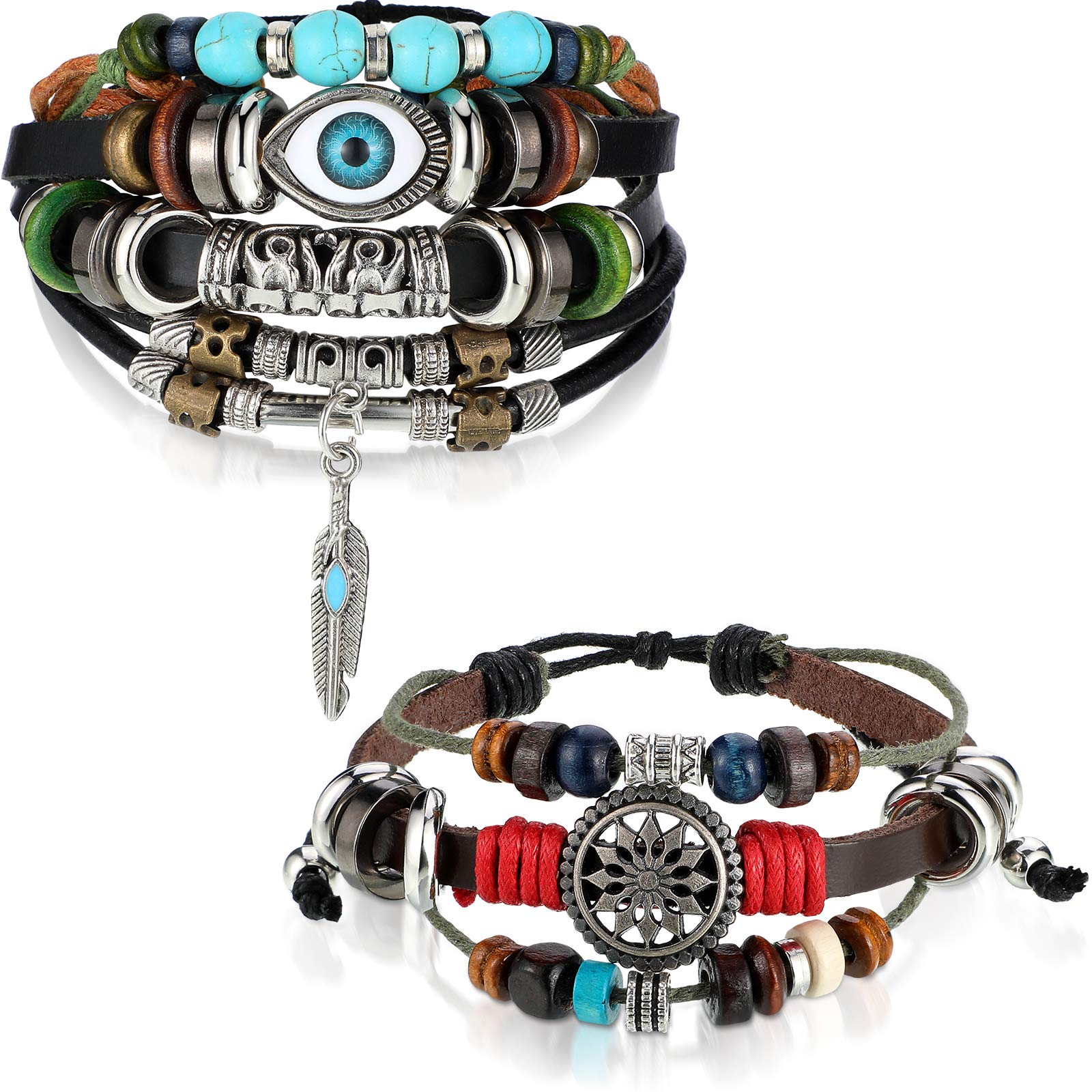 Hicarer 2 Pieces Evil Eye Bracelet Vintage Bohemia Eye Beaded Bracelet Multilayer Hand Woven Wristbands Bracelet Jewelry for Men Women