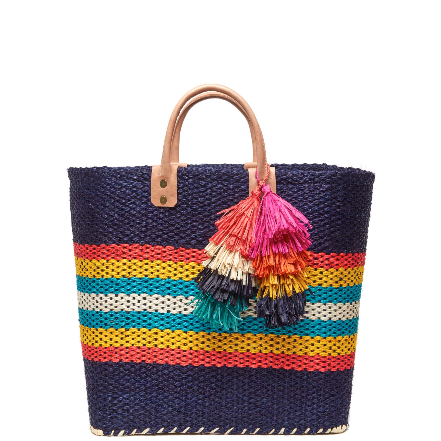 Mar Y Sol La Paz Colorful Stripes Woven Sisal Market Tote Straw Beach Bag (Navy)