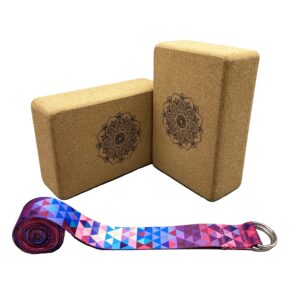 aozora cork yoga block sustainable & eco friendly 2 pack and yoga strap set made of the finest natural cork for better support, balance & comfort (mandala, 9 * 6 * 3（2pack))