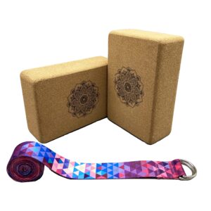 Aozora Cork Yoga Block Sustainable & Eco Friendly 2 Pack and Yoga Strap Set Made of The Finest Natural Cork for Better Support, Balance & Comfort (Mandala, 9 * 6 * 3（2pack))