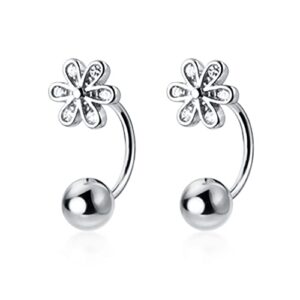 sluynz 925 sterling silver small daisy earrings cuff for women flower half hoop earrings cartilage earrings helix piercing ball studs (a-silver)