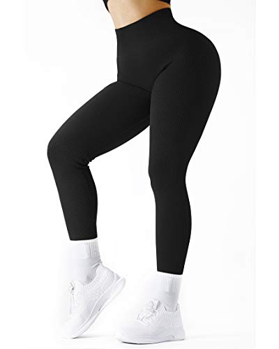 SUUKSESS Women Ribbed Seamless Leggings High Waisted Tummy Control Workout Yoga Pants (Black, M)