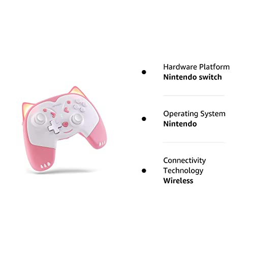 KINVOCA Wireless Controller for Nintendo Switch/Switch Lite, Cute Pro Controller with Turbo, Motion, Vibration, Wake-Up, Headphone Jack and Breathing Light - Pink