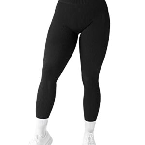 SUUKSESS Women Ribbed Seamless Leggings High Waisted Tummy Control Workout Yoga Pants (Black, M)