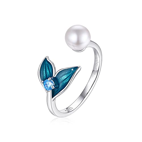 FOREVER QUEEN Mermaid Tail Ring, S925 Sterling Silver Dolphin Tail Adjustable Finger Ring for Women Open Ring with Blue Cubic Zirconia& Shell Pearl Birthday Day Gift