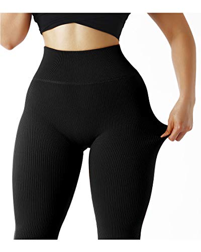 SUUKSESS Women Ribbed Seamless Leggings High Waisted Tummy Control Workout Yoga Pants (Black, M)