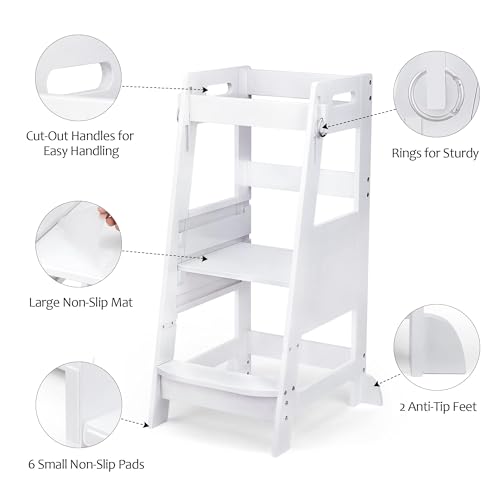 TOETOL Bamboo Toddler Kitchen Step Stool White Helper Standing Tower Height Adjustable with Anti-Slip Protection for Kids Kitchen Counter Learning