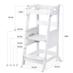 TOETOL Bamboo Toddler Kitchen Step Stool White Helper Standing Tower Height Adjustable with Anti-Slip Protection for Kids Kitchen Counter Learning