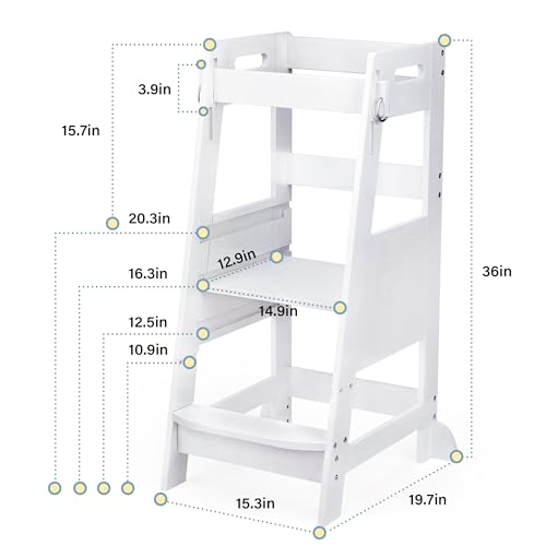 TOETOL Bamboo Toddler Kitchen Step Stool White Helper Standing Tower Height Adjustable with Anti-Slip Protection for Kids Kitchen Counter Learning