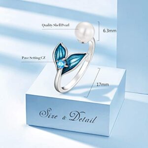 FOREVER QUEEN Mermaid Tail Ring, S925 Sterling Silver Dolphin Tail Adjustable Finger Ring for Women Open Ring with Blue Cubic Zirconia& Shell Pearl Birthday Day Gift