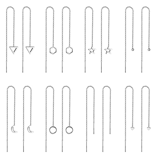 LOLIAS 8Pairs Stainless Steel Threader Earrings for Women Lightweight Drop Dangle Chain Earrings Minimalist Chain Tassel Earrings Set