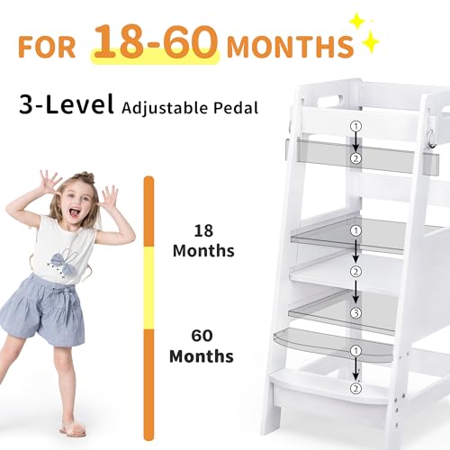 TOETOL Bamboo Toddler Kitchen Step Stool White Helper Standing Tower Height Adjustable with Anti-Slip Protection for Kids Kitchen Counter Learning