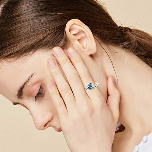 FOREVER QUEEN Mermaid Tail Ring, S925 Sterling Silver Dolphin Tail Adjustable Finger Ring for Women Open Ring with Blue Cubic Zirconia& Shell Pearl Birthday Day Gift