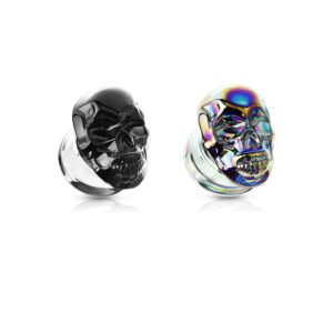 Pierced Owl Pyrex Glass Skull Head Shaped Double Flared Plug Gauges, Sold as a Pair (Black, 10mm (00GA))