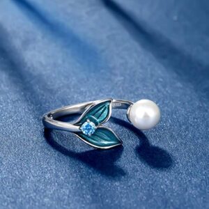 FOREVER QUEEN Mermaid Tail Ring, S925 Sterling Silver Dolphin Tail Adjustable Finger Ring for Women Open Ring with Blue Cubic Zirconia& Shell Pearl Birthday Day Gift