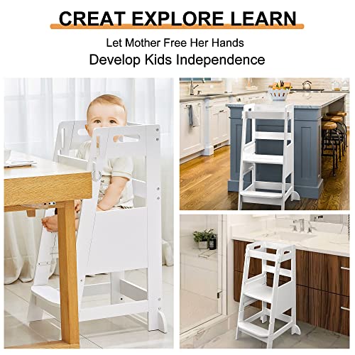 TOETOL Bamboo Toddler Kitchen Step Stool White Helper Standing Tower Height Adjustable with Anti-Slip Protection for Kids Kitchen Counter Learning