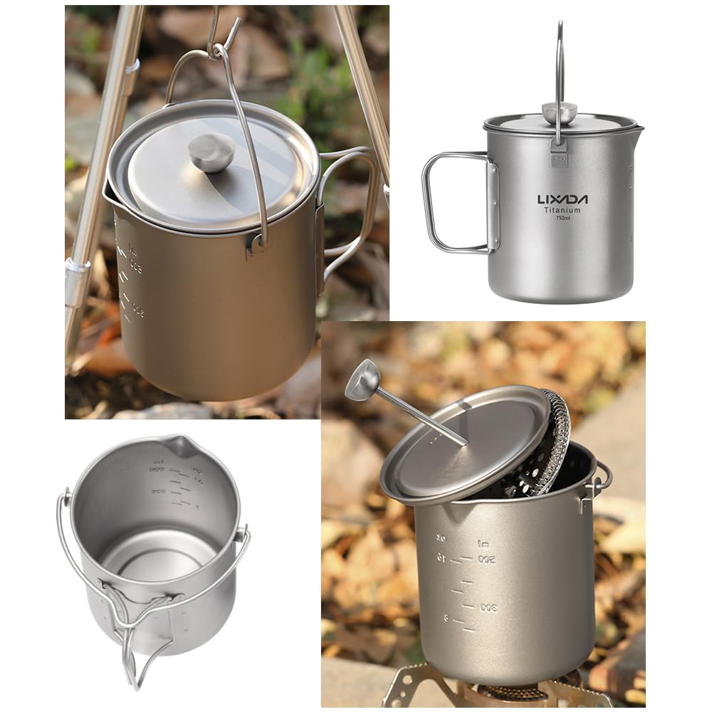 Lixada Titanium Pot 750ml Camping Titanium Coffee Cup Mug French Press Pot Coffee Maker Outdoor Camping Cooking Pot with Folding Titanium Spoon