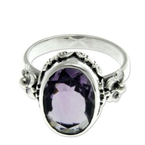 NOVICA Artisan Handcrafted Amethyst Solitaire Ring Floral Sterling Silver Purple Single Stone Indonesia Mauve Mist Birthstone [crownbezel 0.6 in L x 0.4 in W x 0.2 in H Band Width 3 mm W] '