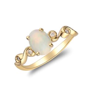 Gin & Grace 14K Yellow Gold Natural Ethiopian Opal Ring with Real Diamonds| Ethically, authentically & organically sourced (Oval) Shaped Opal Hand-Crafted Jewelry for her | Opal Ring for Women