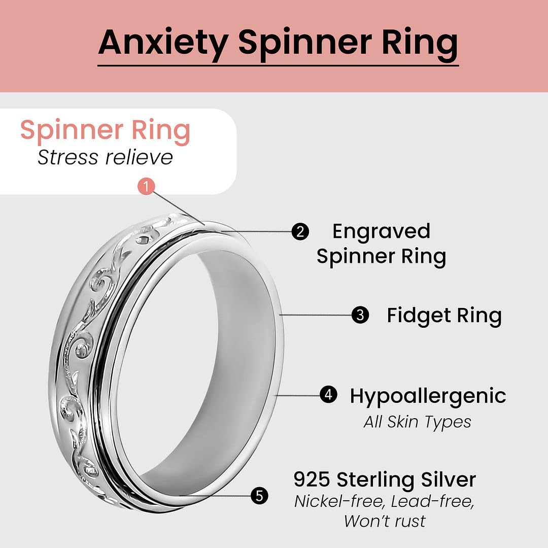 Shop LC Spinner Ring for Women - Spinning Anxiety Ring for Men - Wedding Band 925 Sterling Silver Platinum Plated Scrollwork Jewelry Stress Relief Gifts for Women Size 8 Engagement Bridal