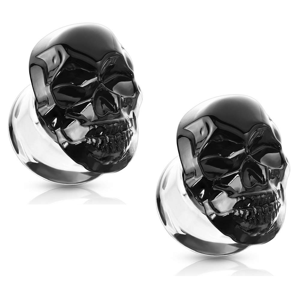 Pierced Owl Pyrex Glass Skull Head Shaped Double Flared Plug Gauges, Sold as a Pair (Black, 10mm (00GA))