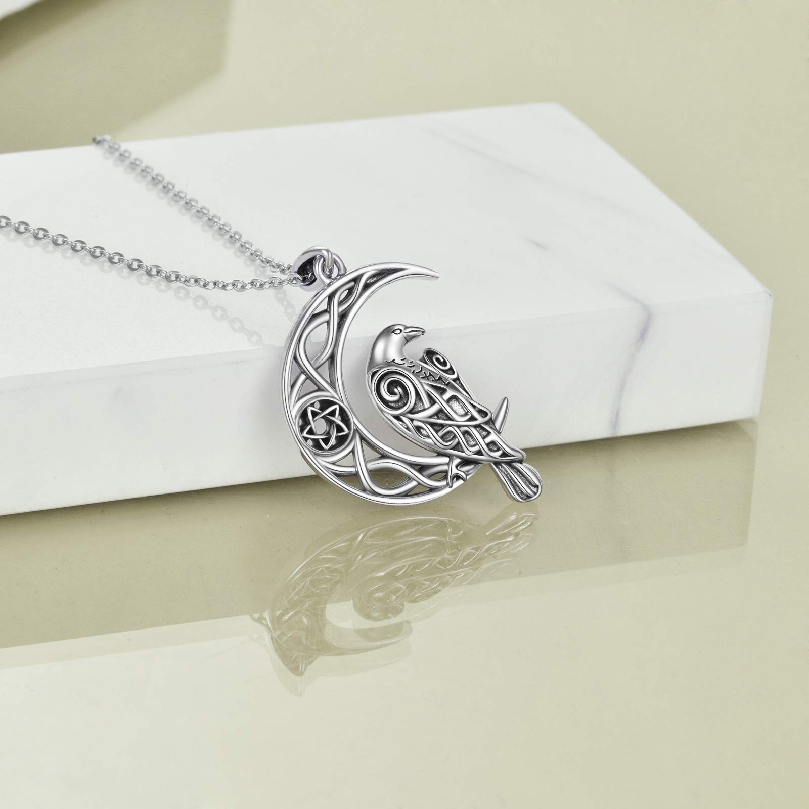 ONEFINITY Raven Necklace Sterling Silver Viking Celtic Crow Raven Pendant Crescent Moon Pentagram Amulet Wiccan Jewelry Christmas Gifts for Women Men