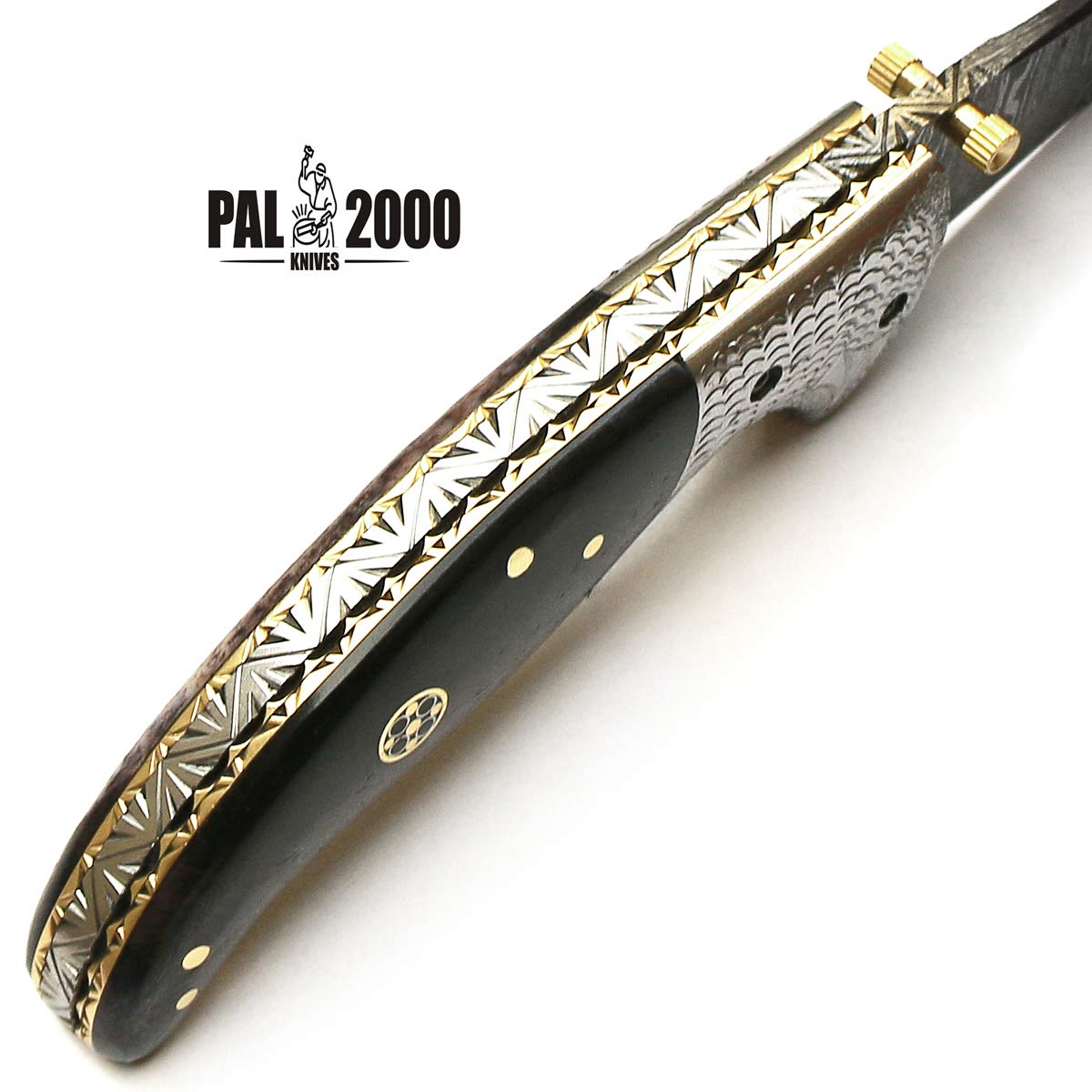 PAL 2000 HUNTING KNIVES FOL-9111 Handmade Damascus Steel Pocket Knife Stained Bone Handle With Sheath