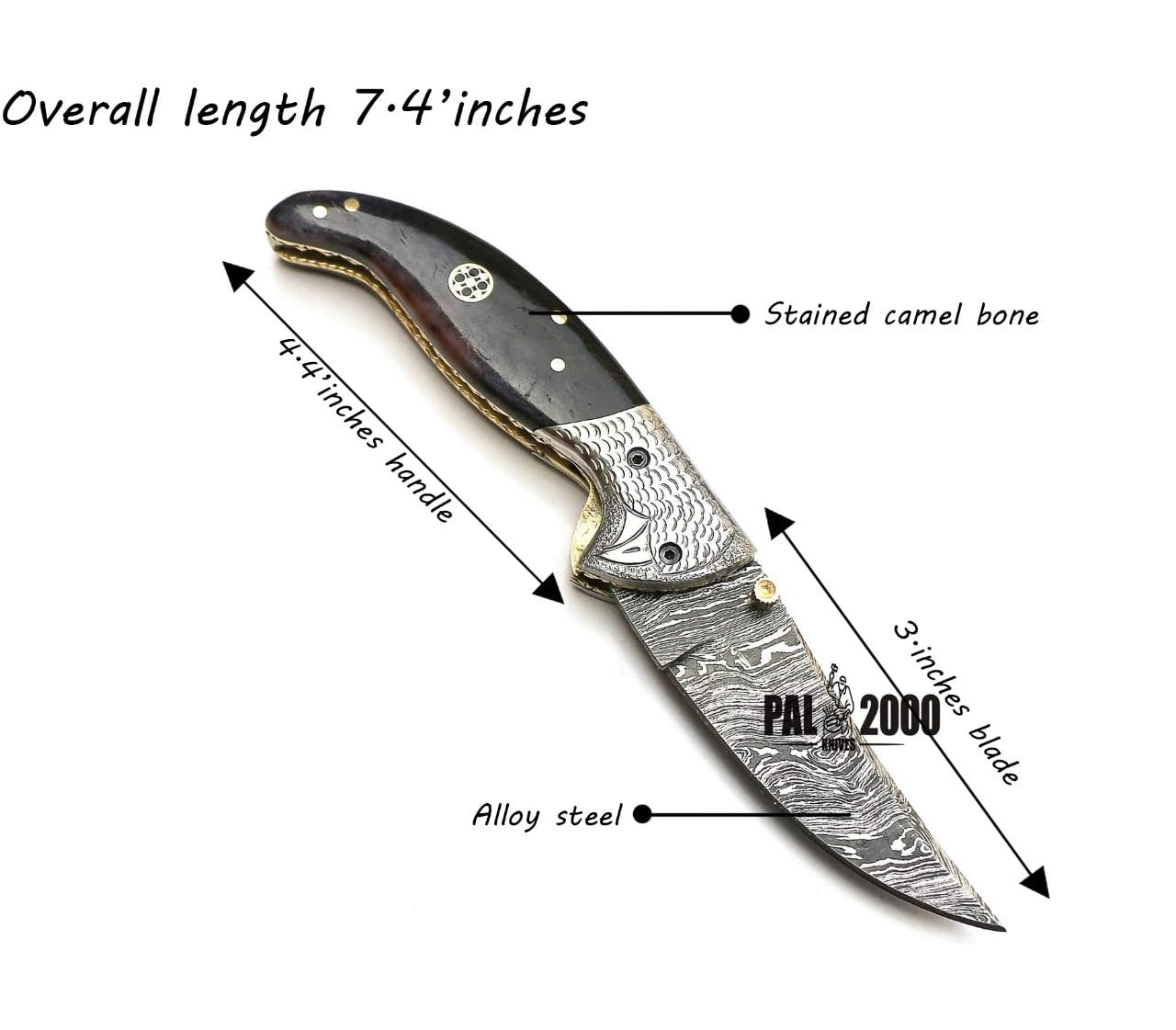 PAL 2000 HUNTING KNIVES FOL-9111 Handmade Damascus Steel Pocket Knife Stained Bone Handle With Sheath