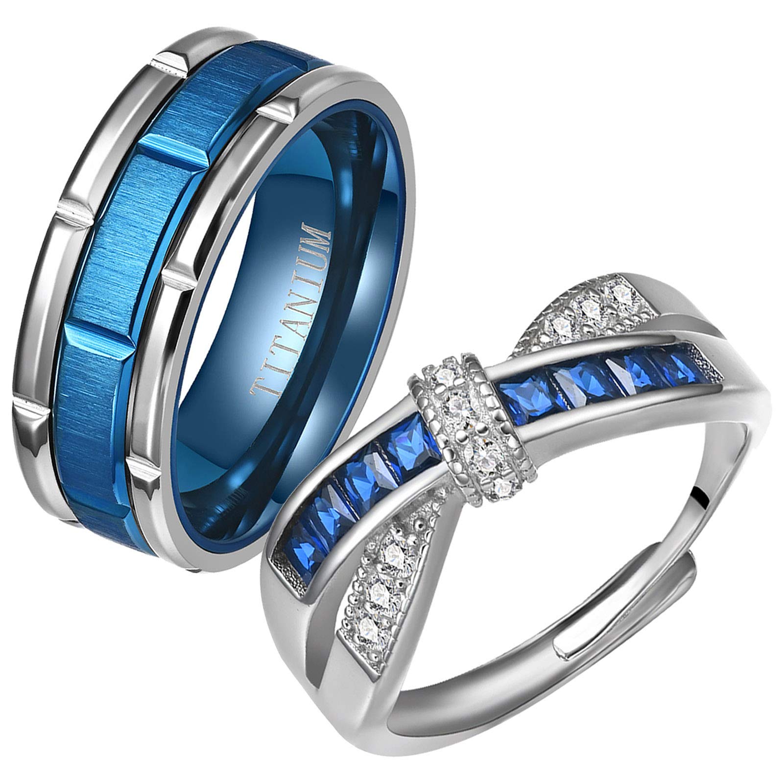 ringheart 2 Rings Couple Rings Bridal Sets Silver Ring Blue Cz Womens Wedding Ring Titanium Steel Man Wedding Bands