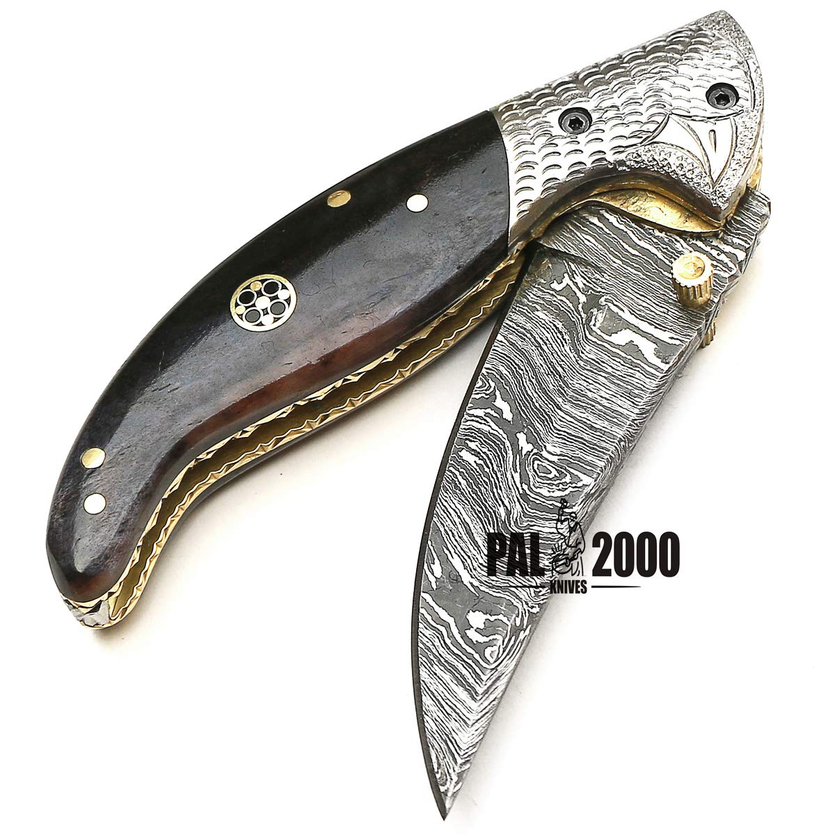 PAL 2000 HUNTING KNIVES FOL-9111 Handmade Damascus Steel Pocket Knife Stained Bone Handle With Sheath