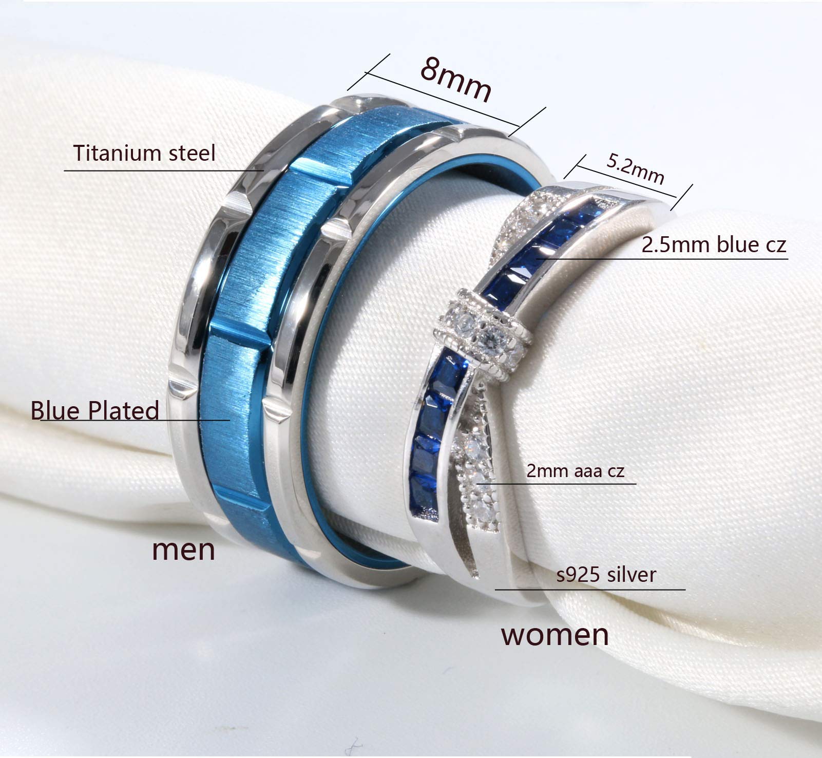 ringheart 2 Rings Couple Rings Bridal Sets Silver Ring Blue Cz Womens Wedding Ring Titanium Steel Man Wedding Bands