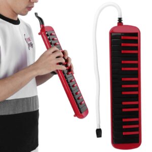 F-32s 32 Key Melodica Set Piano Style Portable Wind Musical Instrument with Mouthpiece Tube and Carrying Bag Suitable for Beginner Practice Gift (Red)