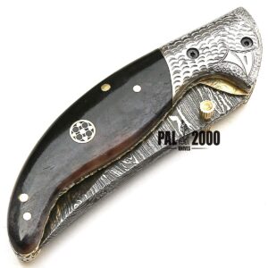 PAL 2000 HUNTING KNIVES FOL-9111 Handmade Damascus Steel Pocket Knife Stained Bone Handle With Sheath