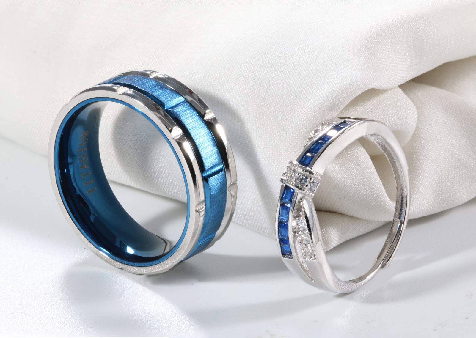 ringheart 2 Rings Couple Rings Bridal Sets Silver Ring Blue Cz Womens Wedding Ring Titanium Steel Man Wedding Bands