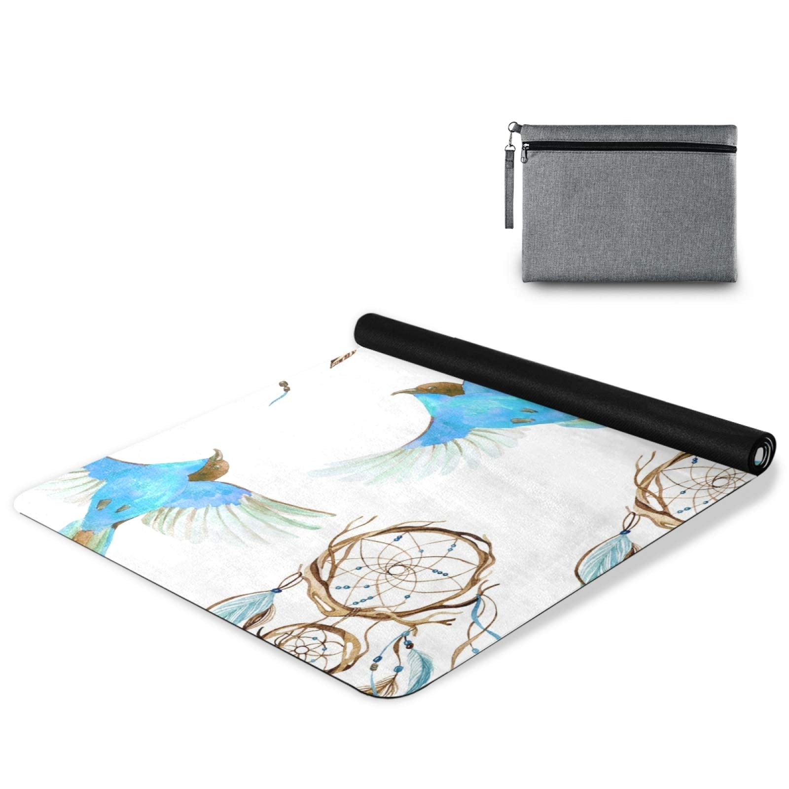 OTVEE Watercolor Dreamcatcher Birds Yoga Mat for Women Non Slip Ultra Thin 1 MM Travel Yoga Mat with Carrying Bag Suede Fitness Exercise Mat for Yoga Pilates Workout Routines Camping