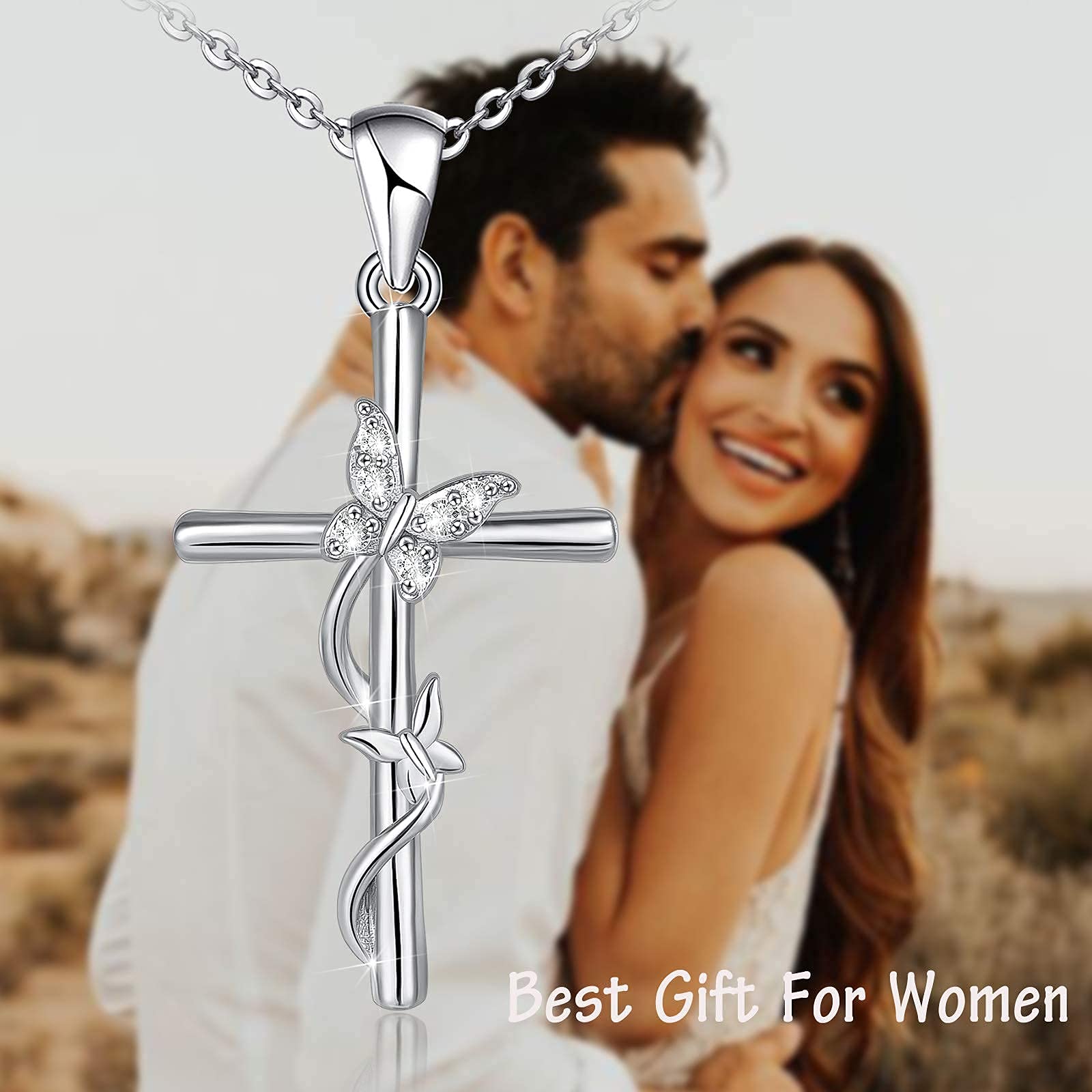 Distance Cross Necklace for Women 925 Sterling Silver Double Butterfly Pendant Necklace for Mom Wife Gift for Mother's Day or Birthday