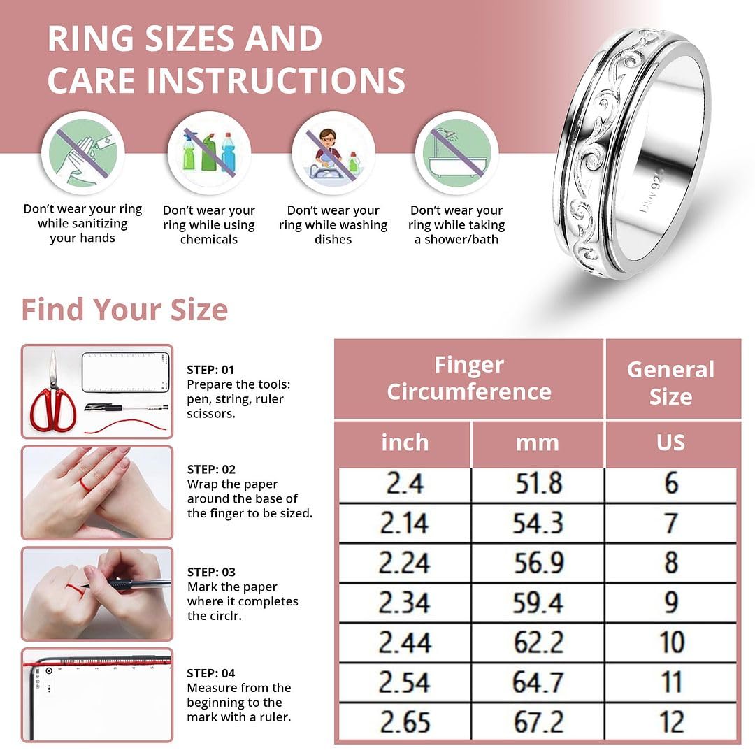 Shop LC Spinner Ring for Women - Spinning Anxiety Ring for Men - Wedding Band 925 Sterling Silver Platinum Plated Scrollwork Jewelry Stress Relief Gifts for Women Size 8 Engagement Bridal