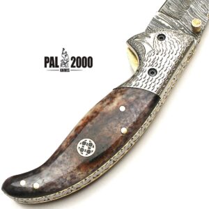 PAL 2000 HUNTING KNIVES FOL-9111 Handmade Damascus Steel Pocket Knife Stained Bone Handle With Sheath