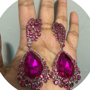 3.25" Long Hot Pink Fuchsia Dangle Pageant Rhinestone Crystal Silver Earrings