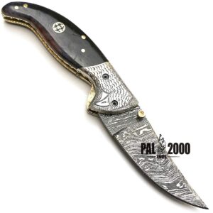 PAL 2000 HUNTING KNIVES FOL-9111 Handmade Damascus Steel Pocket Knife Stained Bone Handle With Sheath