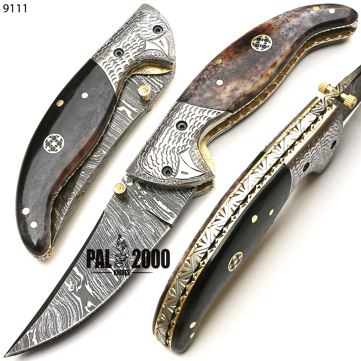 PAL 2000 HUNTING KNIVES FOL-9111 Handmade Damascus Steel Pocket Knife Stained Bone Handle With Sheath